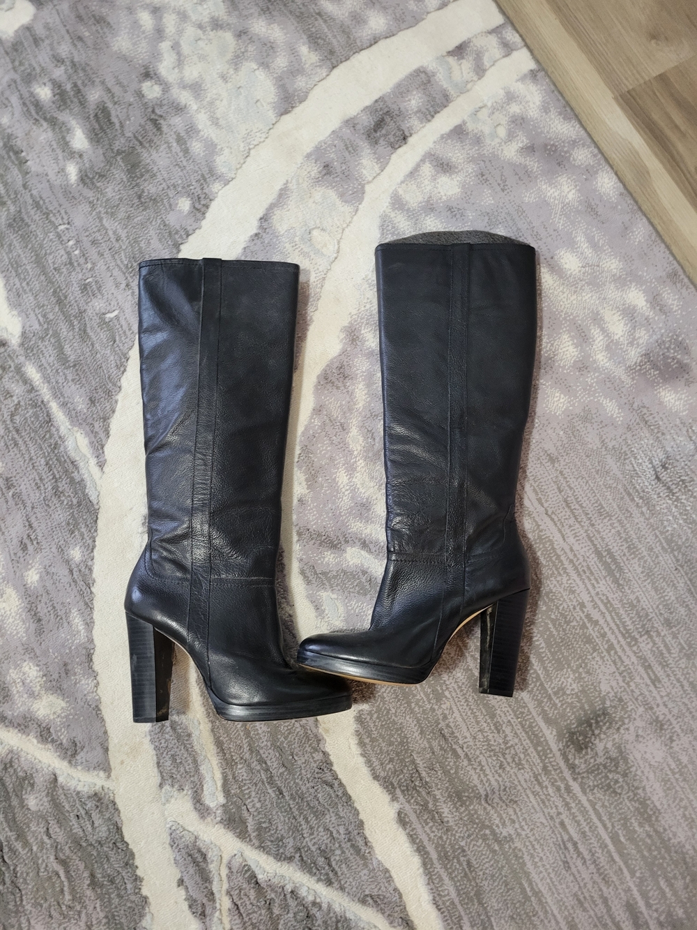 Women's Black Leather High-Heel Knee Boots